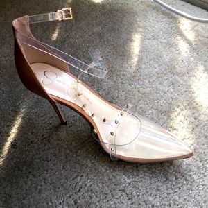 Clear and Tan stilettos matches with everything Jessica Simpson